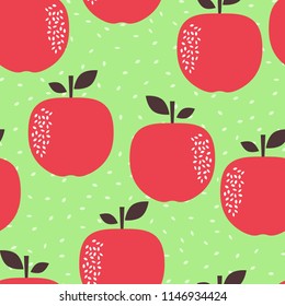 Apple pattern. Seamless vector repeating pattern with red apples on green background.  Retro style tiling background, poster, textile, greeting card design.