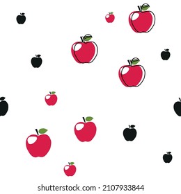 Apple pattern vector. Red, green, black and white. Cute design.