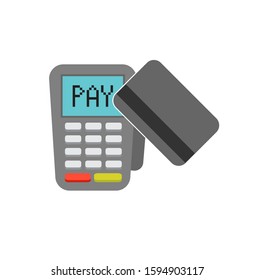 Apple Pay pay pass Vector payment machine and credit card. POS terminal confirms the payment by debit credit card, invoce. Vector illustration in flat design. NFC payments concept. Isometric NFC