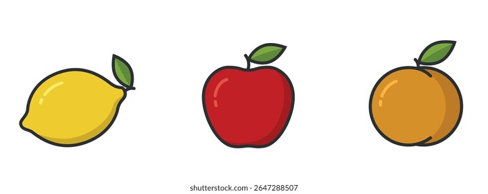 Apple peach and lemon. Gardening, agriculture, and harvest symbols. Natural organic fruits. Isolated vector images