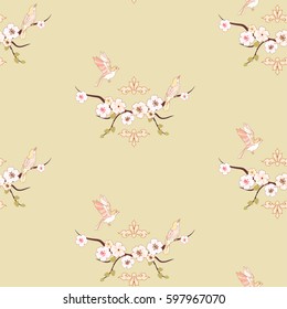 Apple or peach tree blossom seamless pattern with birds