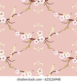Apple or peach tree blossom seamless pattern with birds.