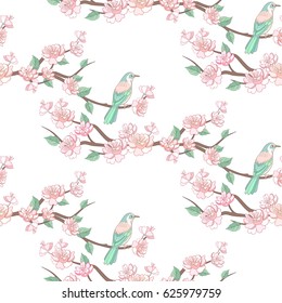 Apple or peach tree blossom seamless pattern with birds.