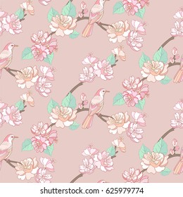 Apple or peach tree blossom seamless pattern with birds and green leaves in vintage style.