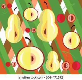 Apple, pear, cherry on a striped summer background
