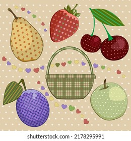 Apple, Pear, Cherry, Plum, Strawberry, Basket With Patchwork Elements. Vector Illustration.