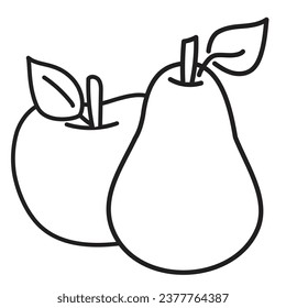 apple and pear close-up. black outline for children's coloring book. for the smallest kids. for printing, applications, games. simple linear fruit icons.