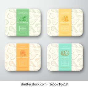 Apple, Pear, Coconut, Orange and Clove Spice Cardboard Boxes Set. Abstract Vector Wrapped Paper Cosmetics Container Label Cover. Packaging Design. Hand Drawn Fruits Background Pattern Layout. Isolated