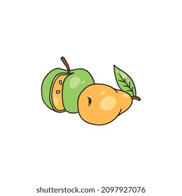Apple and pear in colored doodle style, vector illustration isolated on white background. Hand drawn icon of sweet fruits desserts. Concept of healthy eating and nutrition.