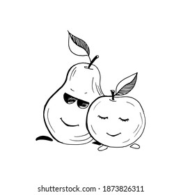 Apple and pear, cute characters. Hand drawn sketch isolated on white. Doodle style. Vector illustration.
