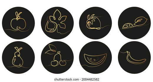 Apple. Pear. Fig. Banana. Cherry. Watermelon. Logo icon. Set. Gold luxury design with gold line simple and modern shape. For covers, packaging designs, labels, menus, wall art and print.