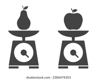 apple and pear fruit on kitchen scales icon