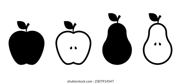 Apple, pear fruit vector icons set. Whole apples, slices, leaves seeds apples and pear. Healthy food symbol
