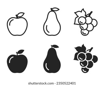 íconos de manzana, pera y uva. frutas y símbolos orgánicos. imágenes vectoriales aisladas