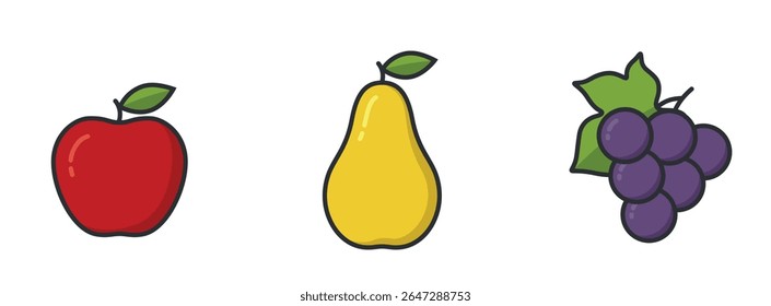 Apple pear and grapes. Gardening, agriculture, and harvest symbols. Natural organic fruits. Isolated vector images