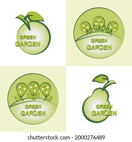 Apple, pear. Green garden. Set. Can be used as emblem, label, web print, sticker, business project.