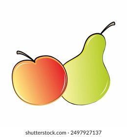 Apple and pear, group of two fruits, vector illustration, red and green colors, eps.