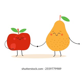 Apple and pear holding hands together. Cheerful funny fruits as a couple. Vector flat graphics.
