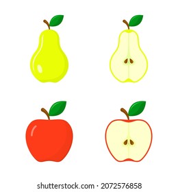 Apple and Pear icon Set, whole, half of fruit with leaf, stub. Vector isolated illustration.