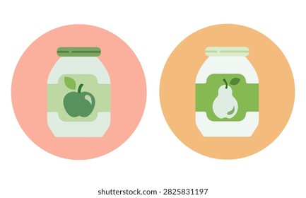 Apple and pear jam icon. Cute flat glass jars filled with homemade preserves. Soft pastel circular backgrounds for children food. Vector illustration