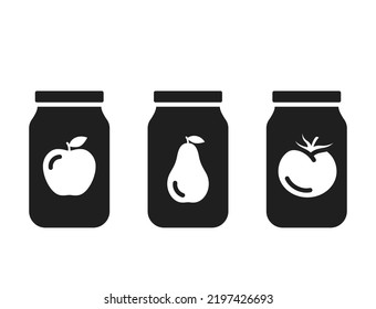 apple and pear jam, tomato paste icon. jar, fruit and vegetable preservation symbol. isolated vector image