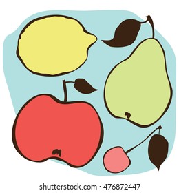 Apple, pear, lemon and cherry on a blue background.Outline drawing with filling.Vector illustration.