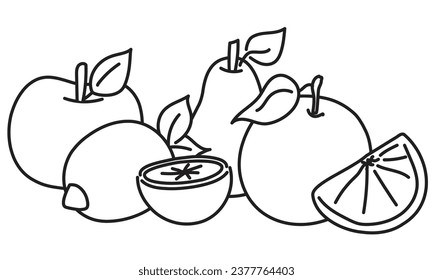 apple, pear, lemon and orange close-up. black outline for children's coloring book. for the youngest children. for printing, applications, games. simple linear fruit icons.