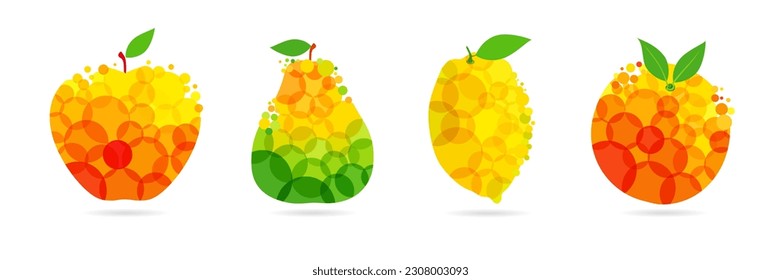 Apple, pear, lemon and peach set of abstract colorful fruits design. Creative concept icons of mango, pear, lemon, orange for label of fresh juice or lemonade. Vector illustration