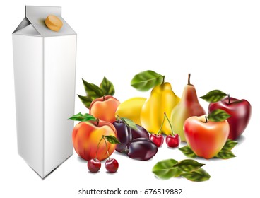 Apple, pear, lemon, plum, cherry, quince, packing of juice, on white background, vector, illustration