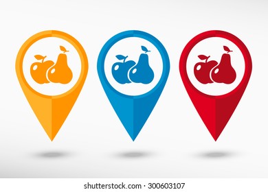 Apple and pear  map pointer, vector illustration. Flat design style