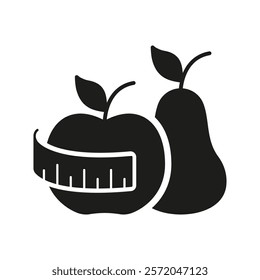 Apple And Pear With Measuring Tape Solid Icon, Nutritious Food Choices, Diet And Weight Control. Nutrition And Wellness Silhouette Icon. Isolated Vector Illustration.