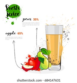 Apple Pear Mix Cocktail Of Fresh Juice Hand Drawn Watercolor Fruits And Glass On White Background Vector Illustration