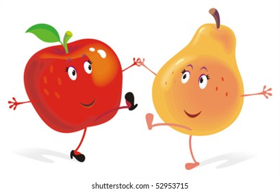 Apple and pear on rock-and-roll. No gradient vector. Easy to create new scenes by moving a few elements.