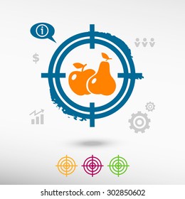 Apple and pear on target icons background. Flat illustration.