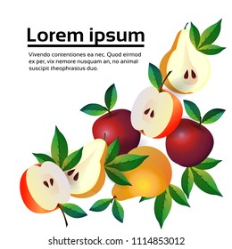 apple and pear on white background, healthy lifestyle or diet concept, logo for fresh fruits copy space