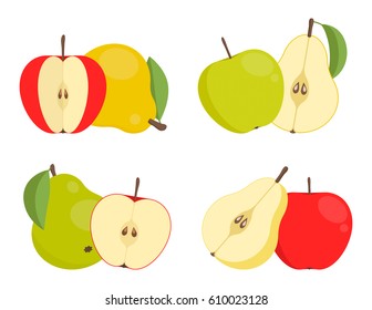 Apple and pear on white background, vector illustration. the whole fruit and half. isolate. fruit.