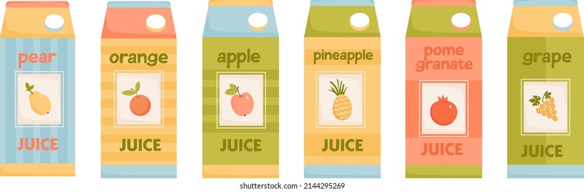 Apple, pear, orange, pineapple, pomegranate, grape juice in pack. Set of six packs of fruit juices. Vector illustration in flat style. 