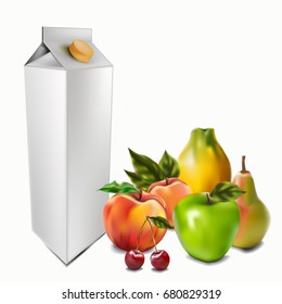 Apple, pear, papaya, apricot, cherry, peach, on white background, packing juice, vector, illustration