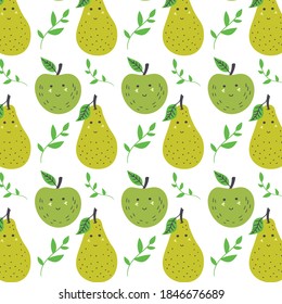 Apple and pear pattern. Fruit seamless green yellow vector background