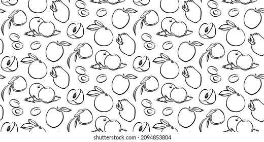 Apple, pear, peach, apricot seamless pattern. Hand drawn stylized endless fruit vector, black graphic illustration texture on white background.