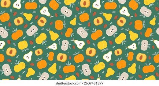 Apple, pear, peach, apricot. Seamless pattern of simple abstract fruits. Vitamin natural food, slices and whole fruits. Color vector repeating background.