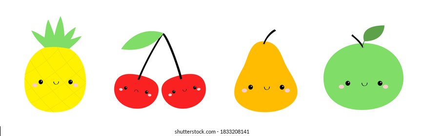 Línea fija del icono de Apple Pear Pineapple Cherry. Color amarillo. Cuta caricatura kawaii sonriente personaje de bebé. Cara divertida de frutillas. Diseño plano. Fondo blanco. Aislado. Ilustración del vector