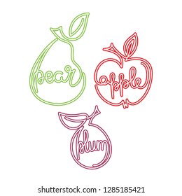 Apple, pear, plum - one continuous line of drawing. The name of each fruit. Hand drawn vector illustration isolated on white background