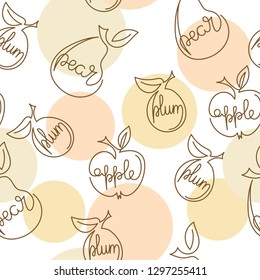 Apple, pear, plum - one continuous line of drawing. Hand drawn vector illustration . Seamless pattern