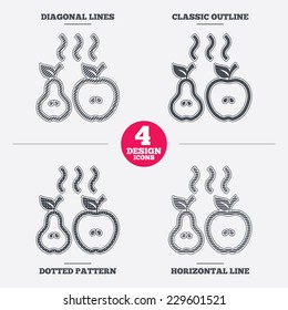 Apple and pear sign icon. Baked hot fruits symbol. Diagonal and horizontal lines, classic outline, dotted texture. Pattern design icons.  Vector
