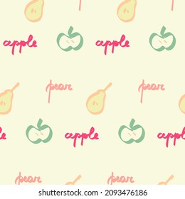 Apple and pear simple bright doodle vector pattern. Lined yellow pear and blue apple. Calligraphy letters Apple and Pear. Fresh, summer fruits pattern. Cafe menu food design. Pink words.