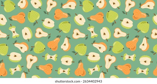 Maçã, pera. Fatias e inteiro, mão desenhada desenhos animados frutados, folhas. Frutado padrão sem emenda. Vitamina comida vegetariana natural, colheita de jardim. Desenho, ilustração plana, plano de fundo repetitivo.
