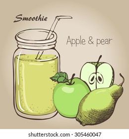 Apple and pear smoothie vector sketch. Natural bio drink, healthy organic food. Hand drawn vector illustration in doodle style 