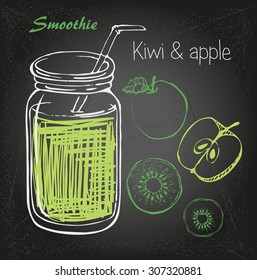 Apple and pear smoothie vector sketch. Natural bio drink, healthy organic food. Hand drawn vector illustration in doodle style