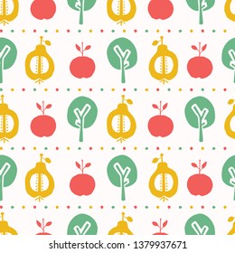 Apple pear tree seamless vector pattern background. Hand drawn paper cut out stripes. Matisse style. Fruit garden folk art all over print. Kids fashion textile, teacher scrapbook. Scandi fun orchard  